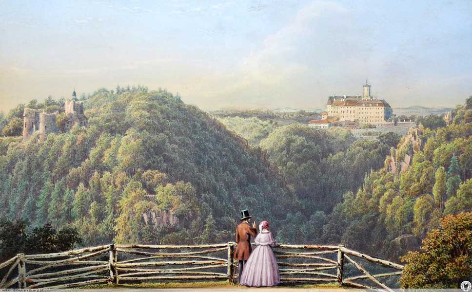 Widok z placu Luizy na Stary Książ i zamek Książ, ok. 1840-1870, litografia barwna, Louis Ferdinand Koska (1808-1862)