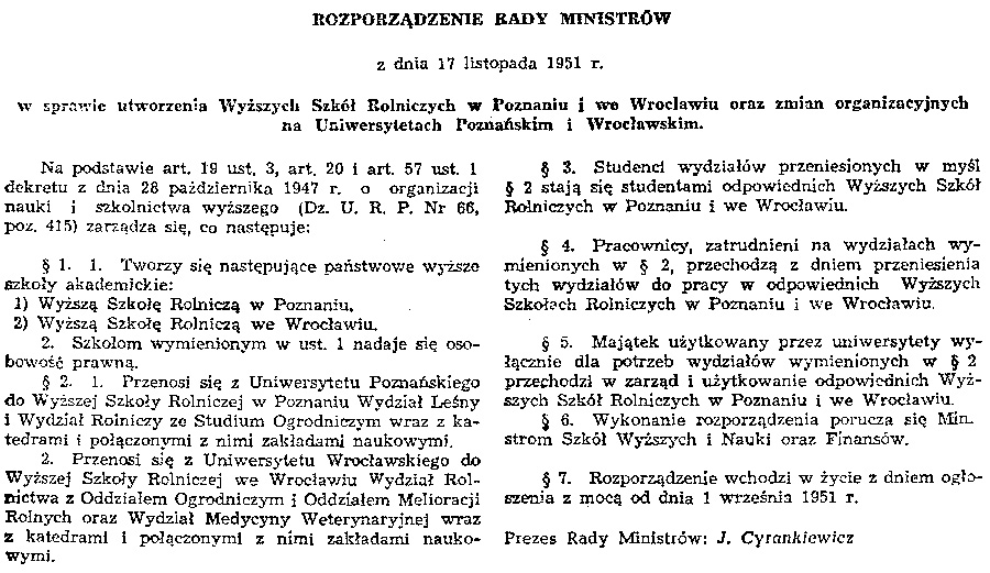 Rozporządzenie Rady Ministrów powołujące do życia WSR we Wrocławiu